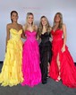 Ball Gown Strapless Satin Chiffon Tiered Prom Dresses With Appliques