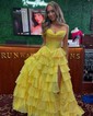 Ball Gown Strapless Satin Chiffon Tiered Prom Dresses With Appliques