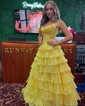 Ball Gown Strapless Satin Chiffon Tiered Prom Dresses With Appliques