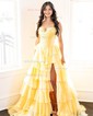 Ball Gown Strapless Satin Chiffon Tiered Prom Dresses With Appliques