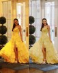Ball Gown Strapless Satin Chiffon Tiered Prom Dresses With Appliques