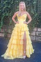 Ball Gown Strapless Satin Chiffon Tiered Prom Dresses With Appliques