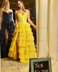 Ball Gown Strapless Satin Chiffon Tiered Prom Dresses With Appliques