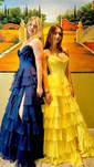 Ball Gown Strapless Satin Chiffon Tiered Prom Dresses With Appliques