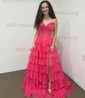 Ball Gown Strapless Satin Chiffon Tiered Prom Dresses With Appliques