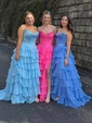 Ball Gown Strapless Satin Chiffon Tiered Prom Dresses With Appliques