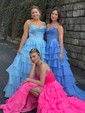 Ball Gown Strapless Satin Chiffon Tiered Prom Dresses With Appliques