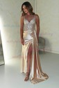 Sheath/Column V-neck Ruched Satin Prom Dresses With Beading