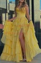 Princess Strapless Chiffon Tiered Prom Dresses With Appliques
