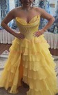 Princess Strapless Chiffon Tiered Prom Dresses With Appliques