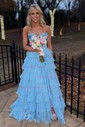 Princess Strapless Chiffon Tiered Prom Dresses With Appliques