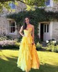 Princess Strapless Chiffon Tiered Prom Dresses With Appliques