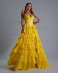 Princess Strapless Chiffon Tiered Prom Dresses With Appliques