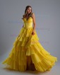 Princess Strapless Chiffon Tiered Prom Dresses With Appliques