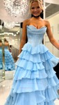 Princess Strapless Chiffon Tiered Prom Dresses With Appliques