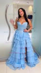 Princess Strapless Chiffon Tiered Prom Dresses With Appliques