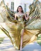 Sparkly A-line Strapless Metallic Prom Dresses With Ruched