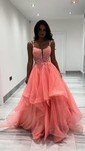 Princess Square Neck Tulle Ruffle Prom Dresses With Appliques