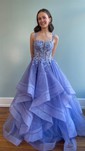 Princess Square Neck Tulle Ruffle Prom Dresses With Appliques
