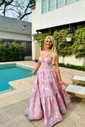 Ball Gown Strapless Satin Floral Prom Dresses With Ruched
