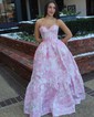 Ball Gown Strapless Satin Floral Prom Dresses With Ruched