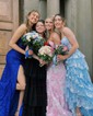 Ball Gown Strapless Satin Floral Prom Dresses With Ruched