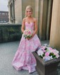 Ball Gown Strapless Satin Floral Prom Dresses With Ruched