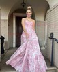 Ball Gown Strapless Satin Floral Prom Dresses With Ruched