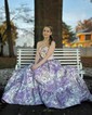 Ball Gown Strapless Satin Floral Prom Dresses With Ruched