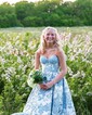 Ball Gown Strapless Satin Floral Prom Dresses With Ruched