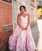 Ball Gown Strapless Satin Floral Prom Dresses With Ruched