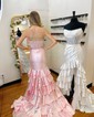 Mermaid Strapless Satin Ruffle Tiered Prom Dresses With Appliques