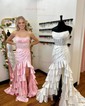 Mermaid Strapless Satin Ruffle Tiered Prom Dresses With Appliques