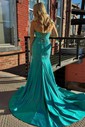 Sheath/Column Strapless Satin Cut Out Beaded Prom Dresses