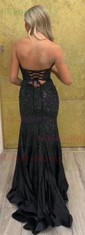 Sheath/Column Strapless Satin Cut Out Beaded Prom Dresses
