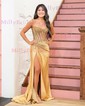 Sheath/Column V-neck Satin Beaded Prom Dresses With Ruched