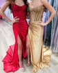 Sheath/Column V-neck Satin Beaded Prom Dresses With Ruched