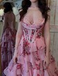 Ball Gown Strapless Satin Chiffon Floral Tiered Prom Dresses