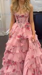 Ball Gown Strapless Satin Chiffon Floral Tiered Prom Dresses