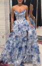 Ball Gown Strapless Satin Chiffon Floral Tiered Prom Dresses
