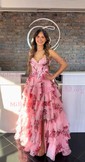 Ball Gown Strapless Satin Chiffon Floral Tiered Prom Dresses