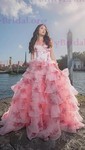 Ball Gown Strapless Satin Chiffon Floral Tiered Prom Dresses
