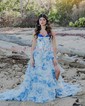 Ball Gown Strapless Satin Chiffon Floral Tiered Prom Dresses