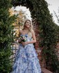 Ball Gown Strapless Satin Chiffon Floral Tiered Prom Dresses