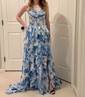 Ball Gown Strapless Satin Chiffon Floral Tiered Prom Dresses
