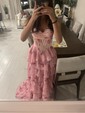 Ball Gown Strapless Satin Chiffon Floral Tiered Prom Dresses