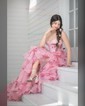 Ball Gown Strapless Satin Chiffon Floral Tiered Prom Dresses