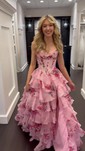Ball Gown Strapless Satin Chiffon Floral Tiered Prom Dresses