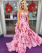 Ball Gown Strapless Satin Chiffon Floral Tiered Prom Dresses