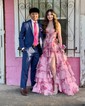 Ball Gown Strapless Satin Chiffon Floral Tiered Prom Dresses